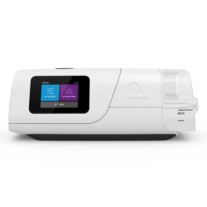 Resmed AirCurve 11 VAuto bilevel device with integrated humidifier, front view on a white background