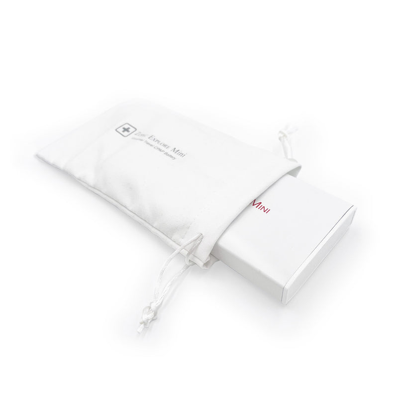 A white drawstring pouch with a small printed logo and text, partially holding a slim white rectangular box marked MINI, on a clean white background.