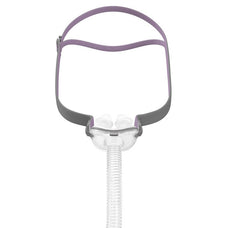 A nasal pillows mask with adjustable elastic headgear and a transparent frame.