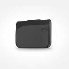 ResMed AirSense 11 Bag that comes with purchase, on white background. The bag is grey and is closed, there is a zipper on the right and it is square shaped.