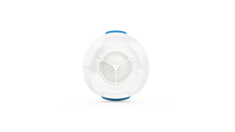 A single HumidX F20 capsule with a white body and blue detailing designed for use with CPAP machines.