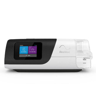 ResMed AirSense 11 CPAP machine front view showing touchscreen display and humidifier chamber, on white background.