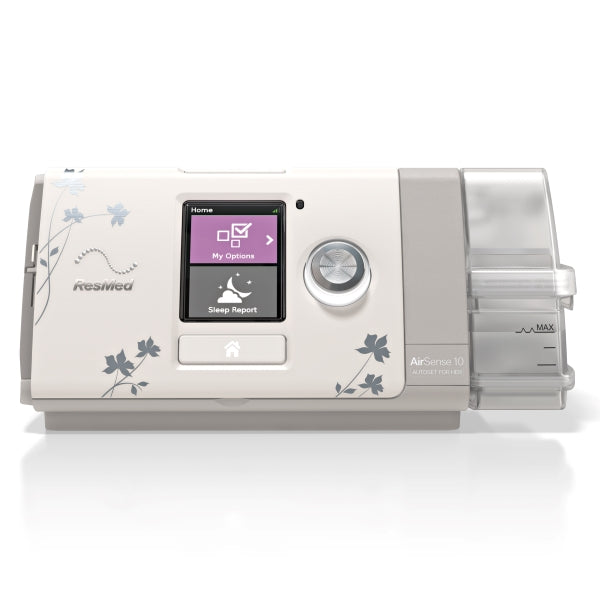 ResMed AirSense 10 AutoSet for Her CPAP machine with floral design, featuring touchscreen display and humidifier, on white background.