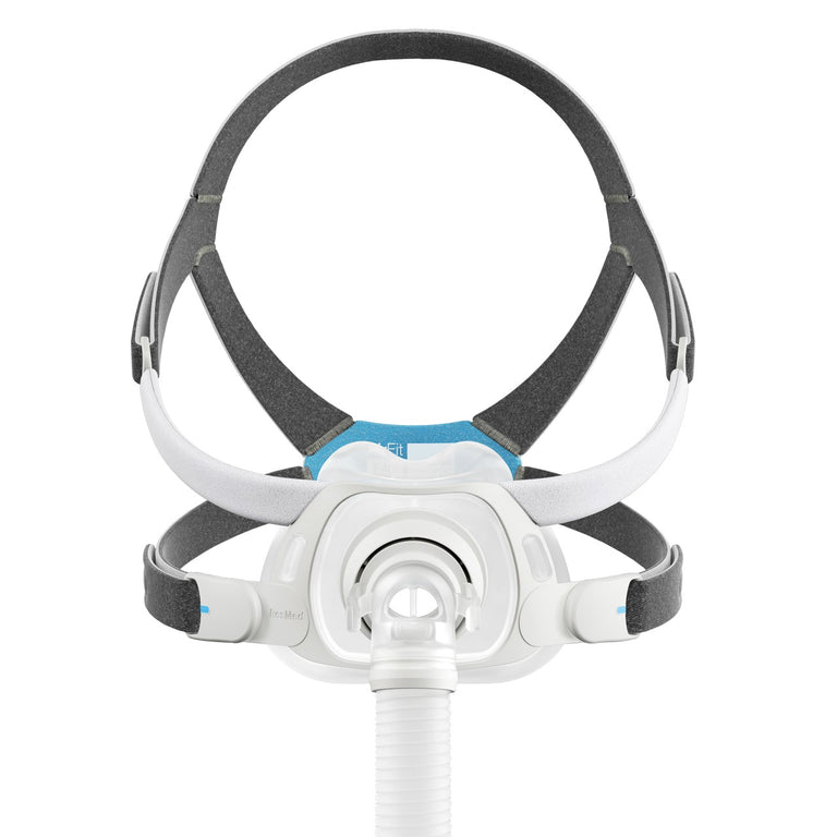 A full face mask with a grey headgear and cushion.