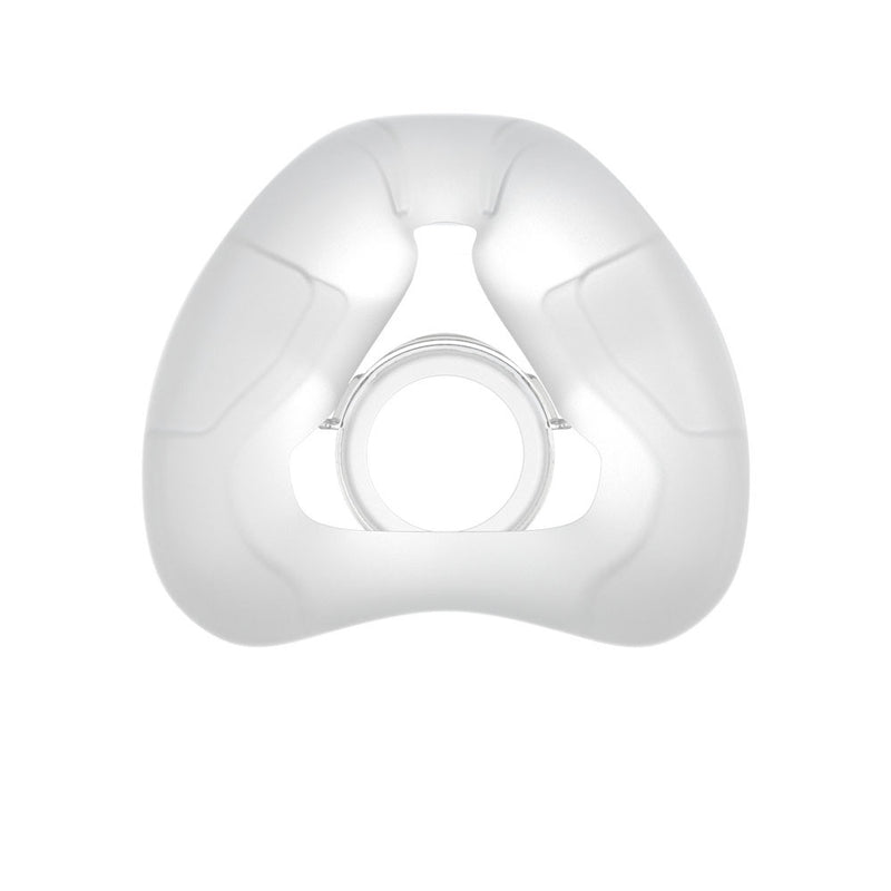 A white, silicone replacement cushion for the nasal mask, viewed from the front.