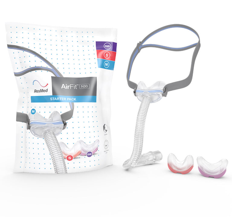ResMed AirFit N30 Nasal Cradle Mask packaging with 2 cushions