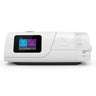 ResMed AirCurve 11 ASV device shown from the front, featuring a colour touchscreen displaying therapy options, a black and white housing, and the ResMed logo, on a white background.
