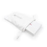 A white drawstring pouch with a small printed logo and text, partially holding a slim white rectangular box marked MINI, on a clean white background.