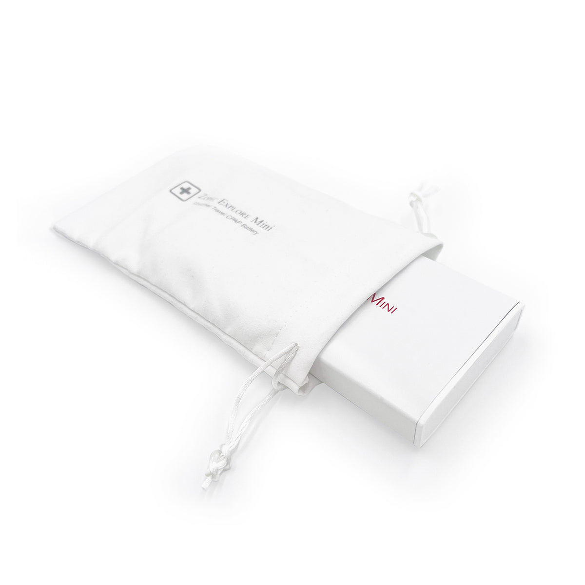 A white drawstring pouch with a small printed logo and text, partially holding a slim white rectangular box marked MINI, on a clean white background.