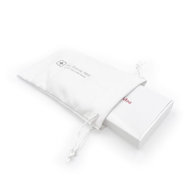 A white drawstring pouch with a small printed logo and text, partially holding a slim white rectangular box marked MINI, on a clean white background.