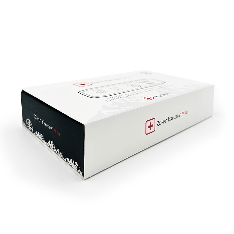 A white rectangular product box with black side panels and red logo text reading 'Zone Explore Mini' on a clean white background.