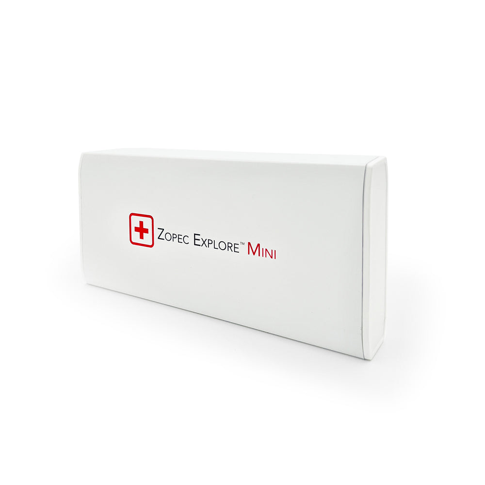 White box with 'Zopec Explore Mini' branding on a white background angling on the right