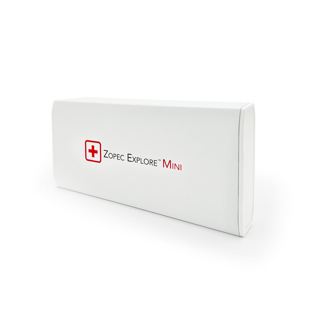 White box with 'Zopec Explore Mini' branding on a white background angling on the right