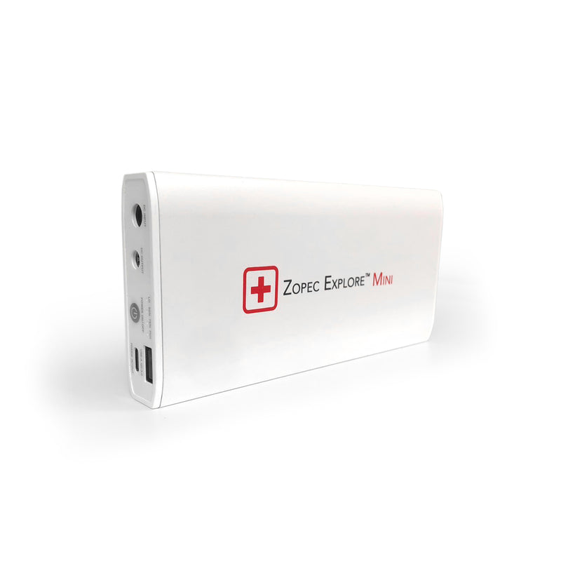 A white Zopec Explore Mini portable power bank with a red cross logo and black/red text, shown at an angle on a white background.