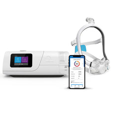ResMed AirCurve 11 ASV device alongside a full-face CPAP mask with headgear and tubing connected, with a smartphone displaying the myAir app, on a white background.
