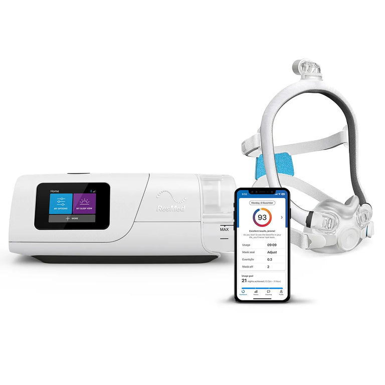 ResMed AirCurve 11 ASV device alongside a full-face CPAP mask with headgear and tubing connected, with a smartphone displaying the myAir app, on a white background.
