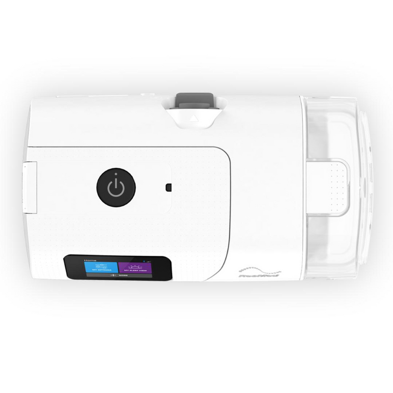 Top view of the Resmed AirCurve 11 VAuto bilevel device with integrated humidifier on a white background