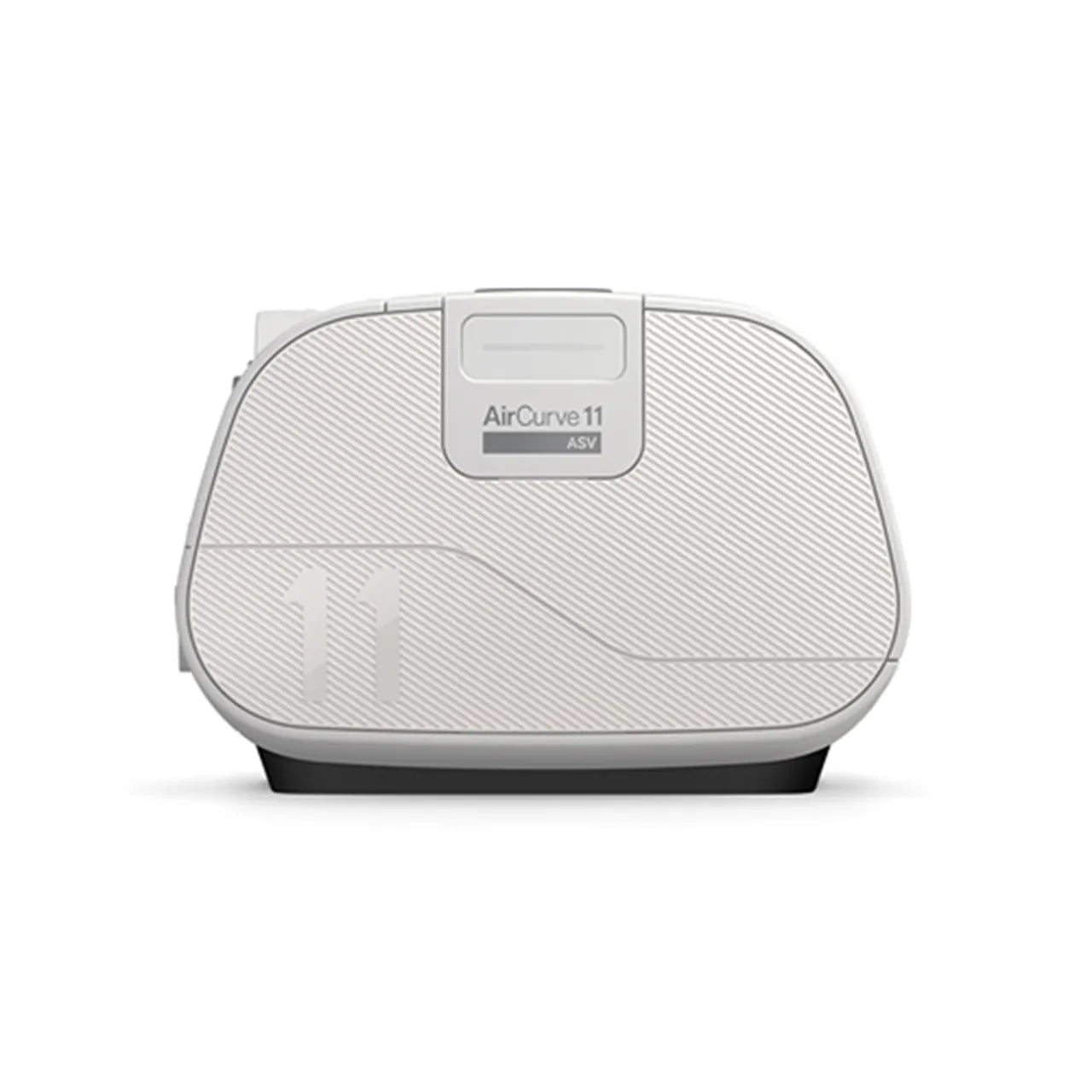 ResMed AirCurve 11 ASV device placed on top of a packed travel suitcase, representing portability for use while travelling.
