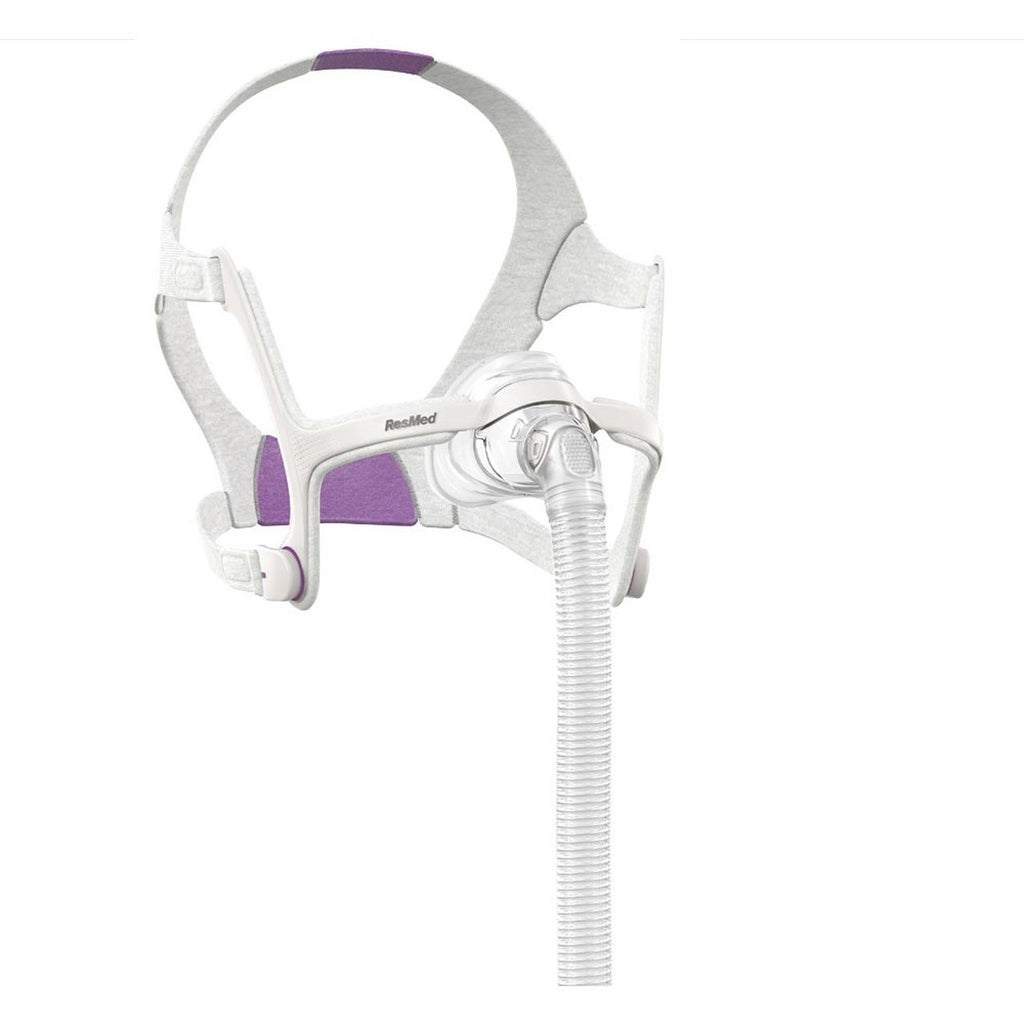 A nasal pillows mask with adjustable elastic headgear and a frame.