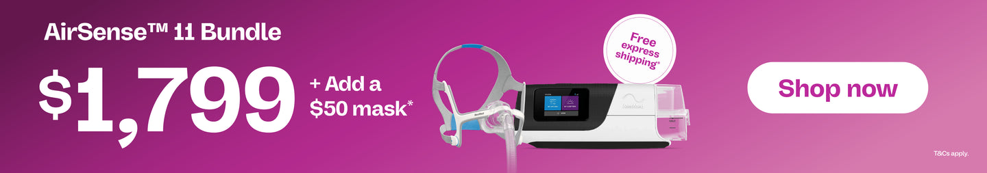 Banner for AirSense 11 Bundle with price and 'Shop now' button on a purple background