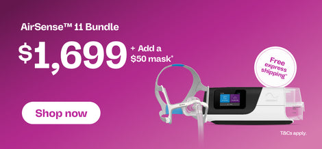 Promotional banner for the AirSense 11 Bundle showing a nasal mask and device on a pink gradient background with large text reading $1,699 and a 'Shop now' button.