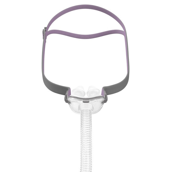 A nasal pillows mask with adjustable elastic headgear and a transparent frame.