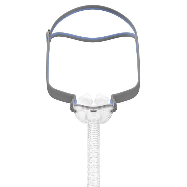 A nasal pillows mask with adjustable elastic headgear and a transparent frame.