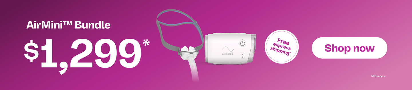 Banner with 'AirMini Bundle' text and price , 'Shop now' button and free express shipping sticker on a purple background