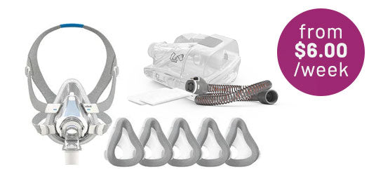 ResMed AirTouch Smart Care bundle with full face mask, replacement cushions and accessories, from $6.00 per week.