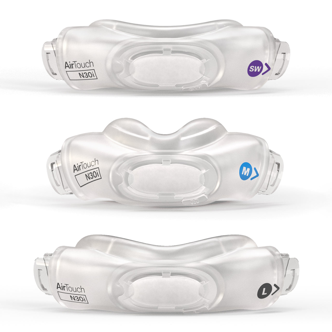 Airtouch cushions facing forward in three sizes, small, medium and large