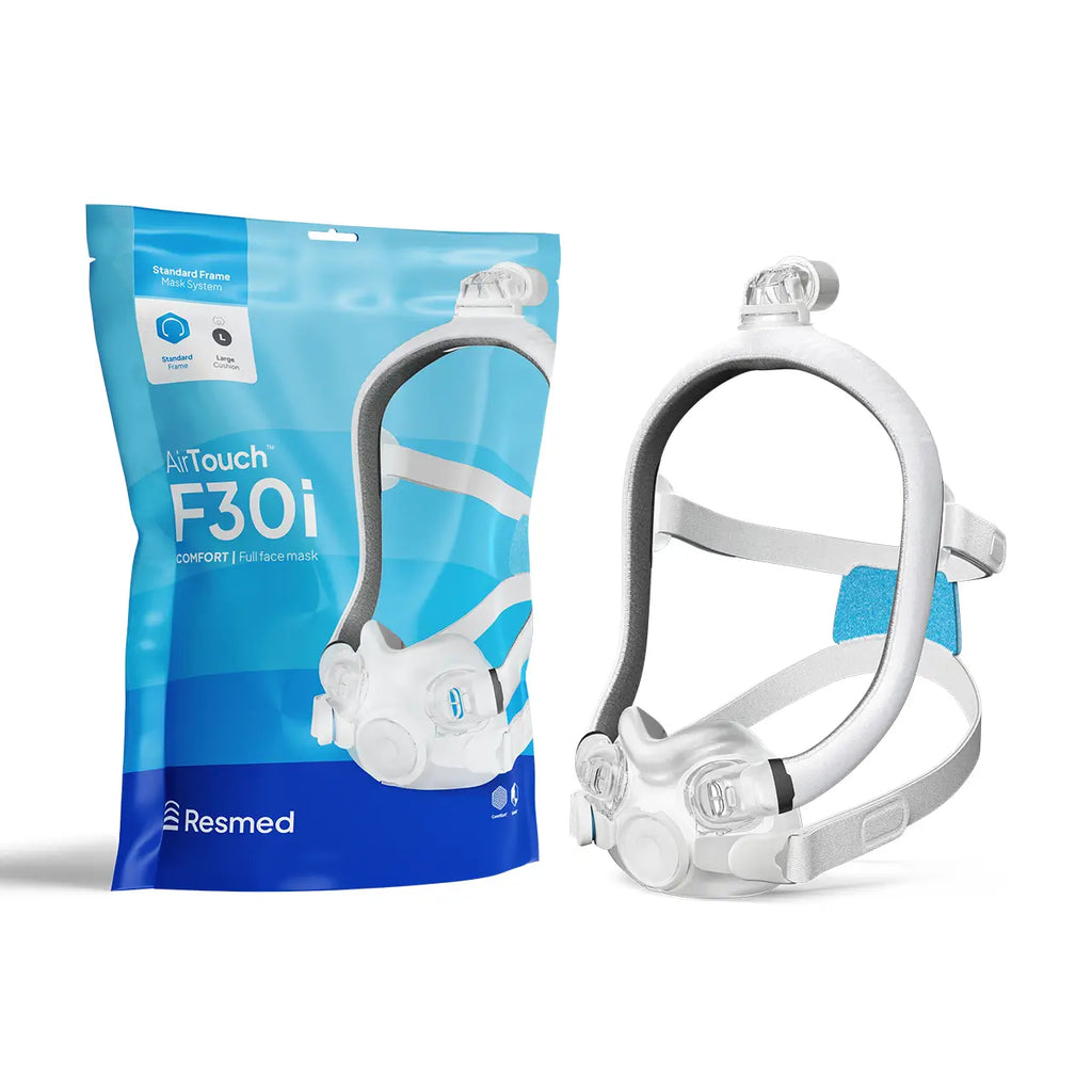 ResMed AirTouch F30i CPAP mask with packaging on a white background