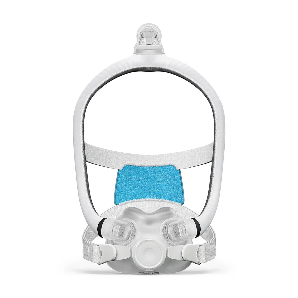 F30i CPAP mask with blue headgear on a white background