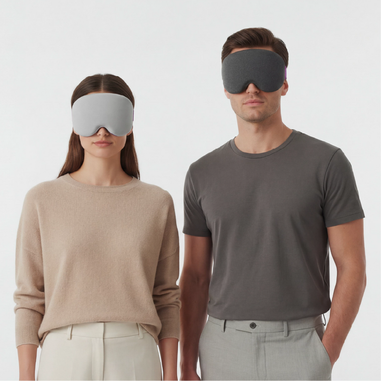 Two people modeling the nyx mask, man is wearing the grey variation and woman is wearing the light variation