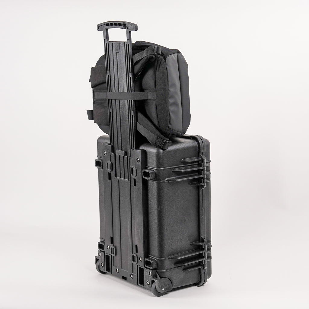 Luxe bag straps attached to the extended handle of the lugage
