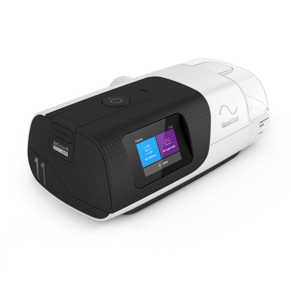 ResMed AirSense 11 Elite CPAP Machine on white background, the machine is slightly tilted to the right