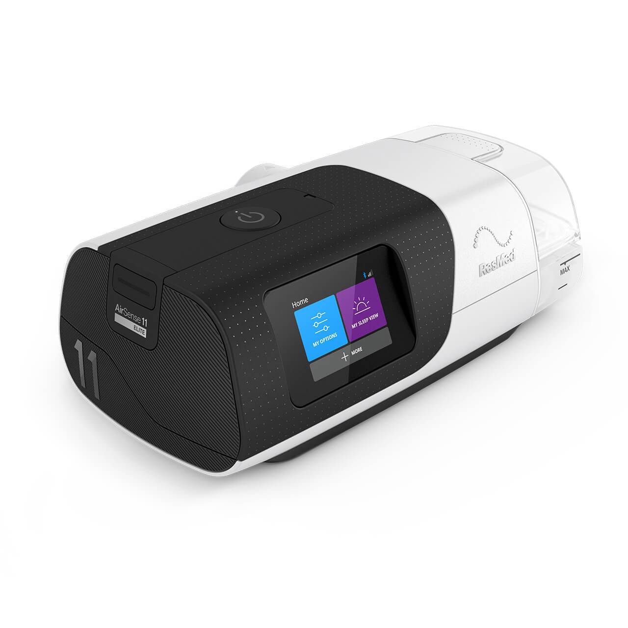 ResMed AirSense 11 Elite CPAP Machine on white background, the machine is slightly tilted to the right
