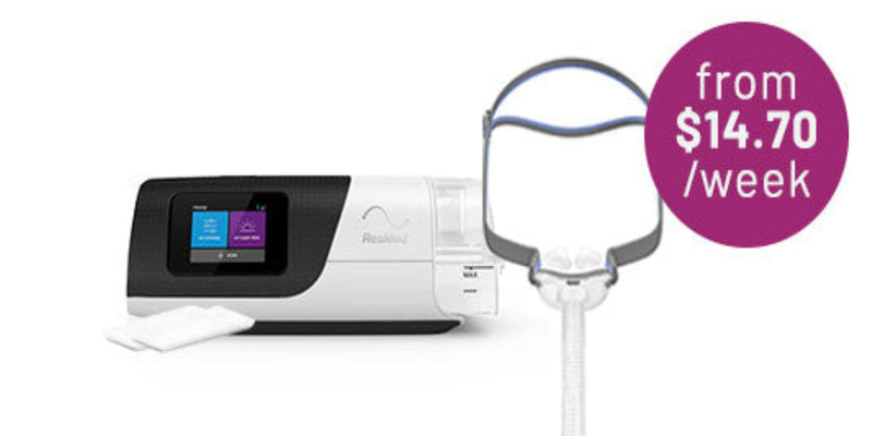 ResMed Essential Care CPAP bundle featuring AirSense 11 machine with nasal pillow mask, from $14.70 per week.