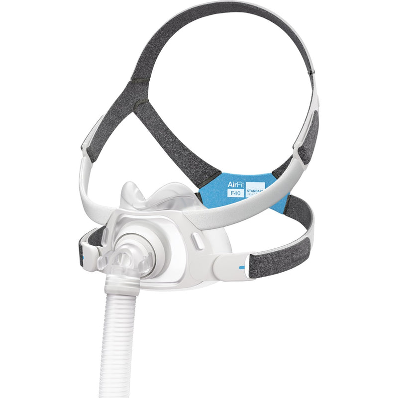 A full face CPAP mask with headgear and a central cushion, connected to a tube, against a white background.