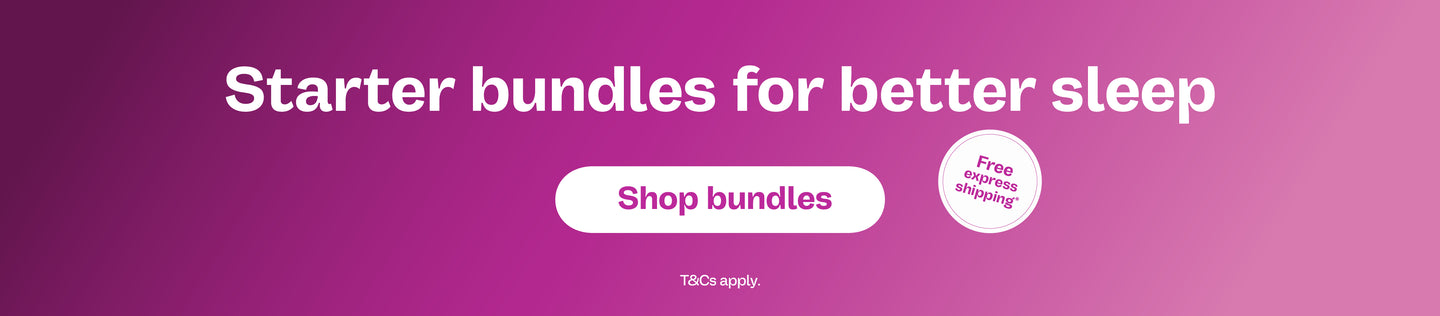 Banner with 'Starter bundles for better sleep' text , 'Shop now' button and free express shipping sticker on a purple background