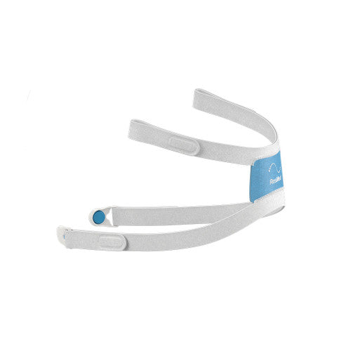 A grey CPAP mask headgear with blue accents 