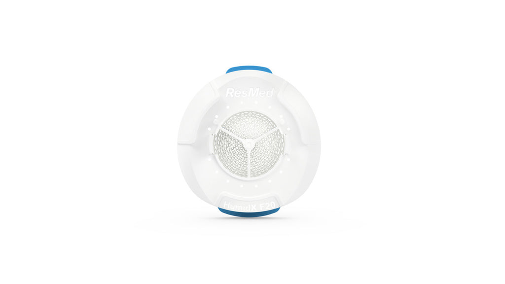 A single HumidX F20 capsule with a white body and blue detailing designed for use with CPAP machines.