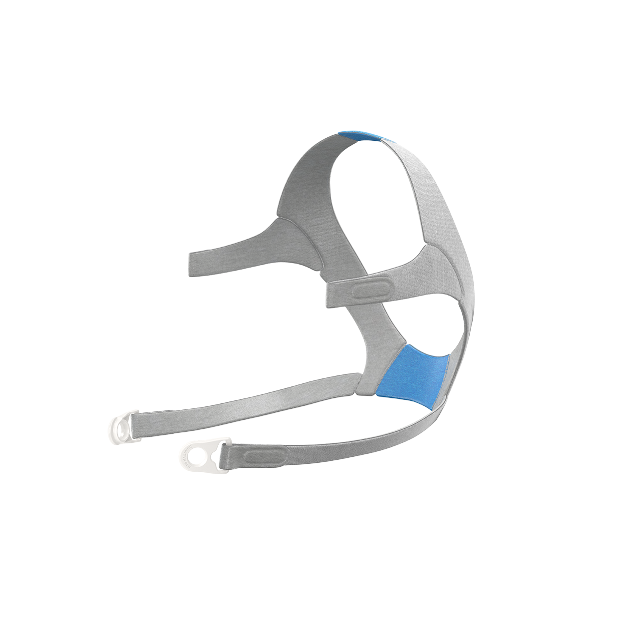 A non-magnetic mask headgear for the AirFit F20, with a grey frame and blue non-magnetic clips.