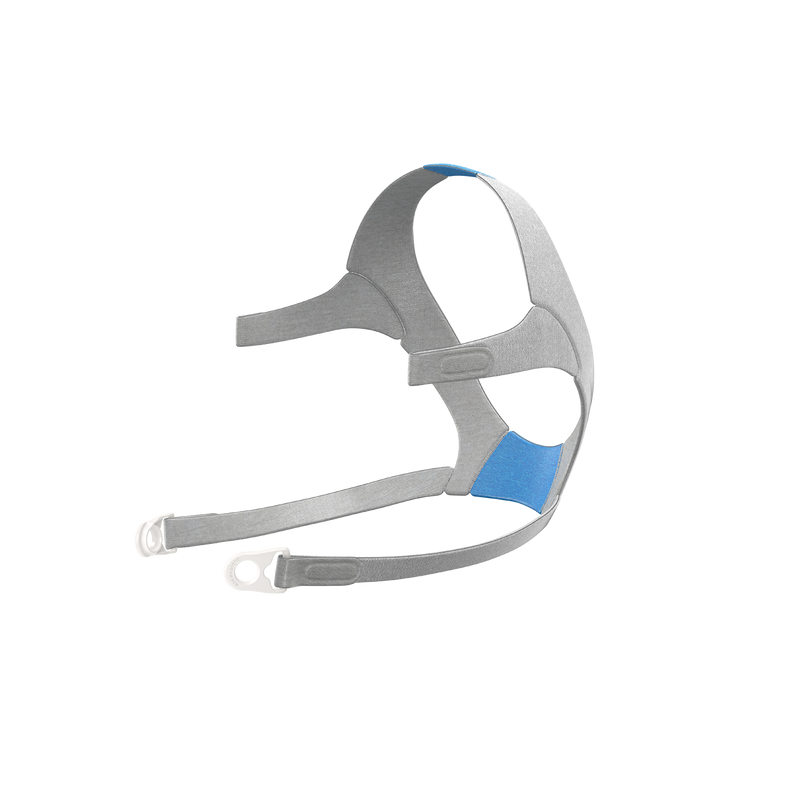 A non-magnetic mask headgear for the AirFit F20, with a grey frame and blue non-magnetic clips.