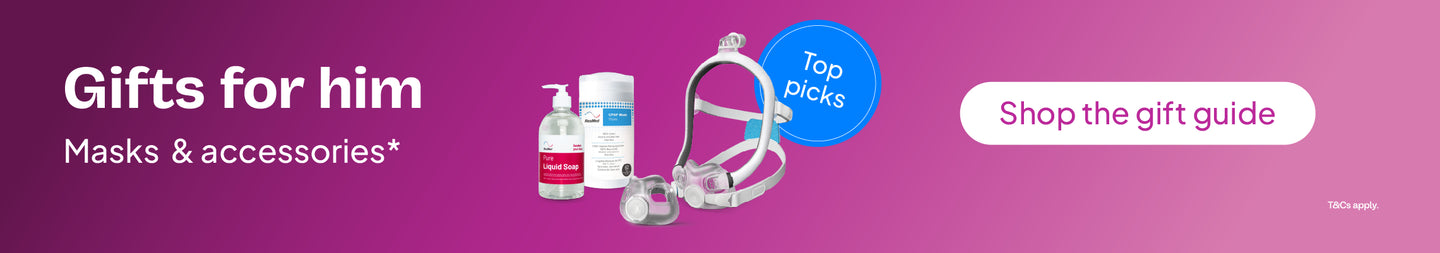 Promotional banner for 'Gifts for him' masks & accessories. The image shows liquid soap, wipes, and a CPAP mask on a pink gradient background, with a 'Top picks' badge and a 'Shop the gift guide' button.