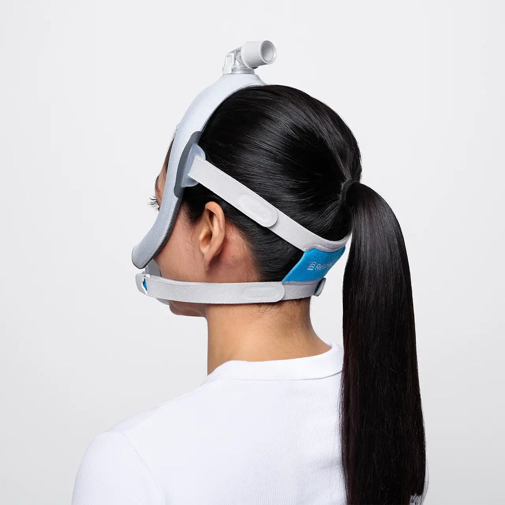 Woman wearing the F30i mask looking away to show the back of the mask.