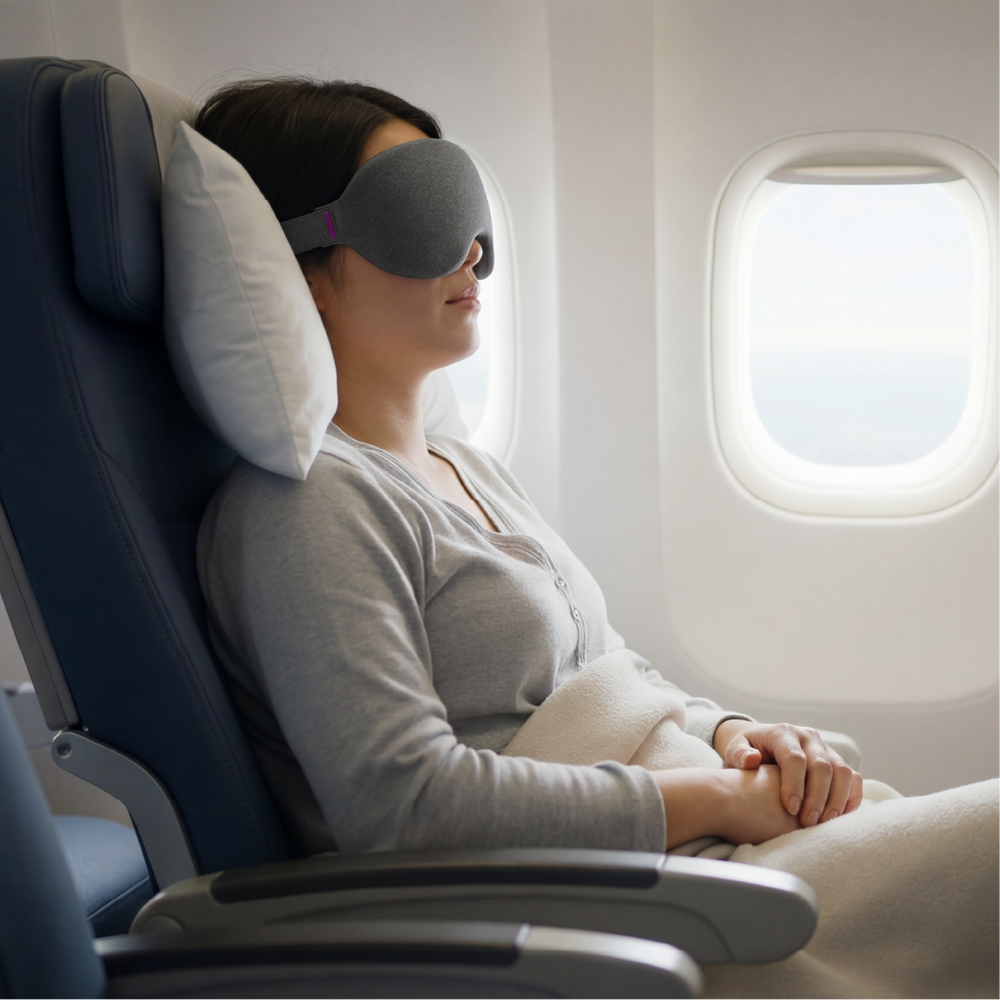 woman on the plane, she has a pillow under her neck and head, wearing an nyx mask while traveling.