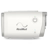ResMed AirMini compact CPAP machine, front view showing power button and Bluetooth connectivity.