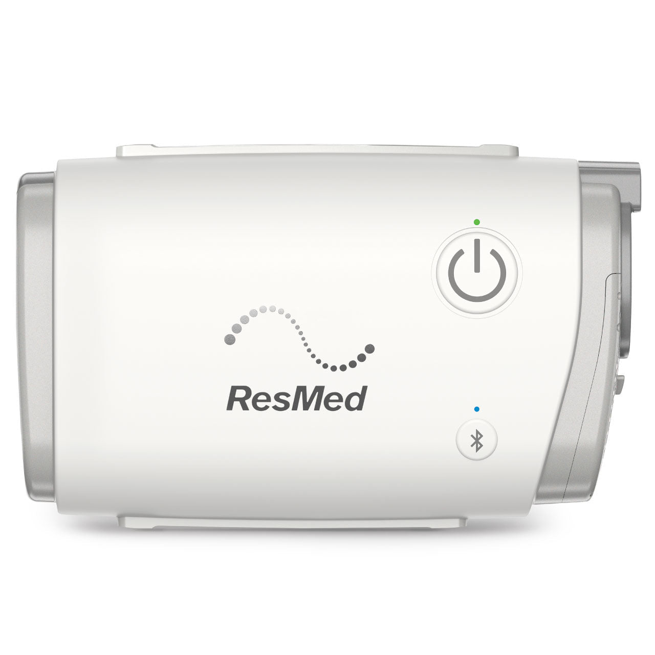 ResMed AirMini compact CPAP machine, front view showing power button and Bluetooth connectivity.