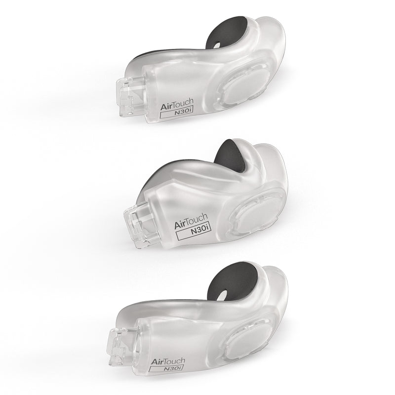 CPAP cushions facing left, angled downward. 3 cushions sizes, small, medium and large