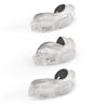 CPAP cushions facing left, angled downward. 3 cushions sizes, small, medium and large